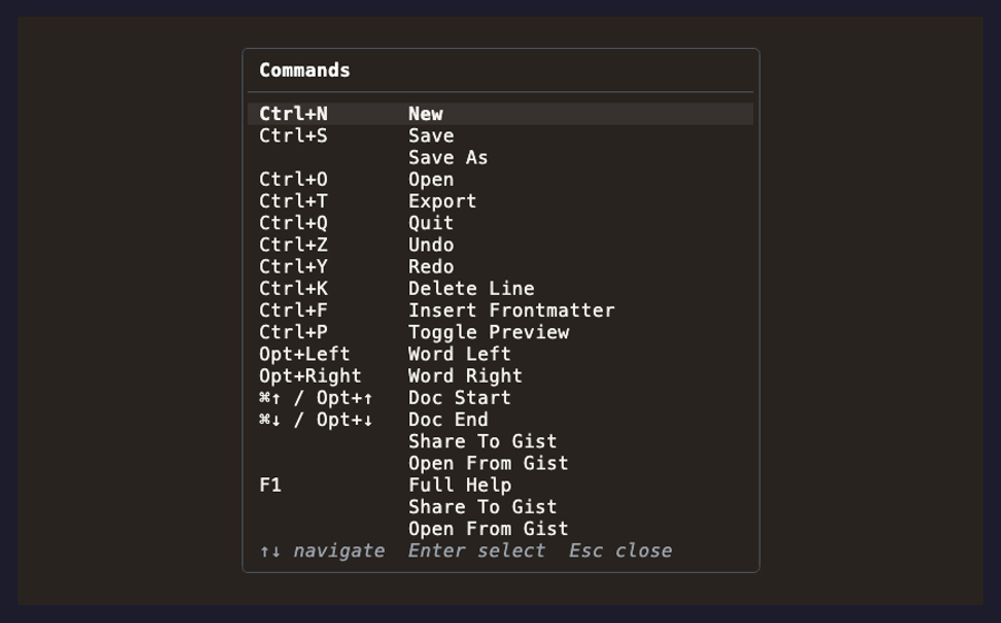Help overlay showing all keyboard shortcuts